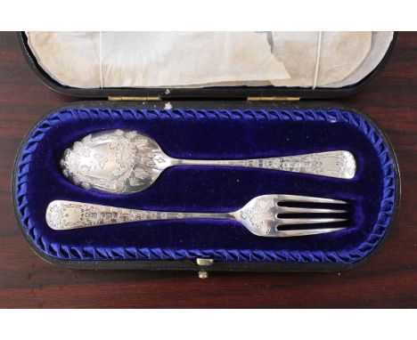 Cased Silver brightly cut Spoon &amp; Fork in fitted velvet lined case Sheffield 1904 62g total weight 