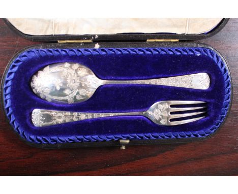 Cased Silver brightly cut Spoon &amp; Fork in fitted velvet lined case Sheffield 1904 62g total weight 