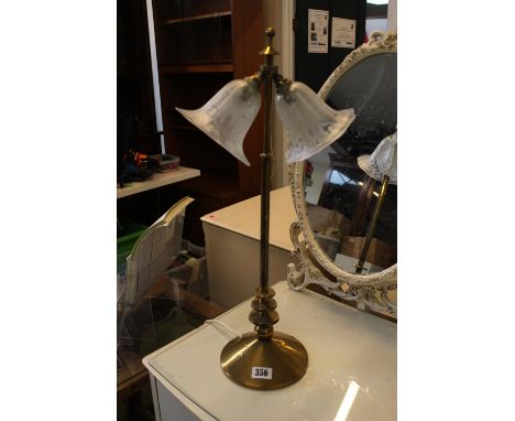 Brass based Edwardian Twin desk light with etched trumpet shades 