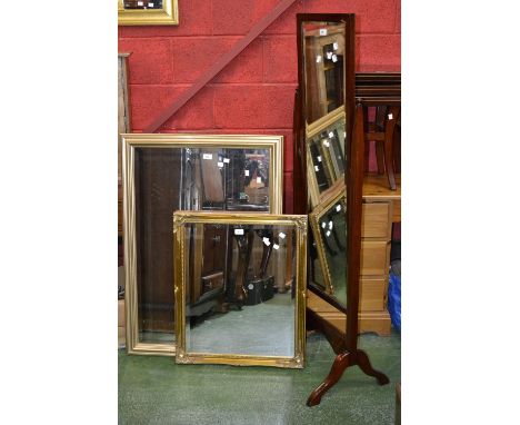 A mahogany framed cheval mirror; two contemporary gilt framed mirrors (3)