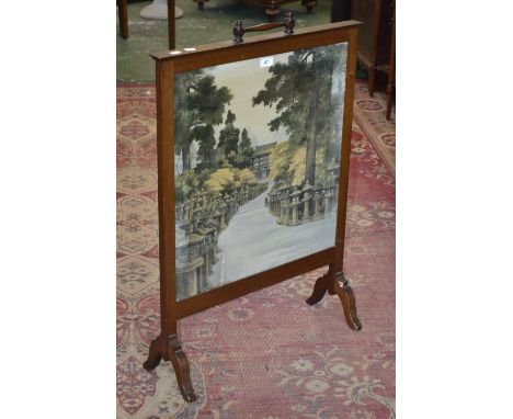An Edwardian mahogany fire screen with Chinese screen print landscape, 90cm x 62cm C1910