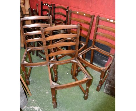 A set of four 1970's Wood Brothers furniture oak dining chairs and a set of four ladder back dining chairs; an oak smoker's s
