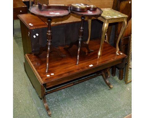 A reproduction mahogany sofa table; a gilt wood side table; a pair of reproduction mahogany wine tables; a reproduction mahog