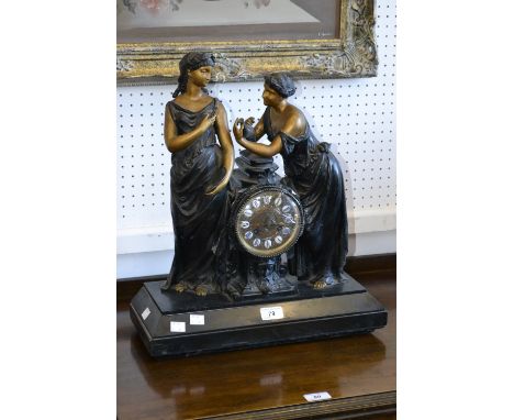 A French late 19th century mantel clock, mounted with a pair of spelter maidens allegorical of The Arts, retailed by Pearce &