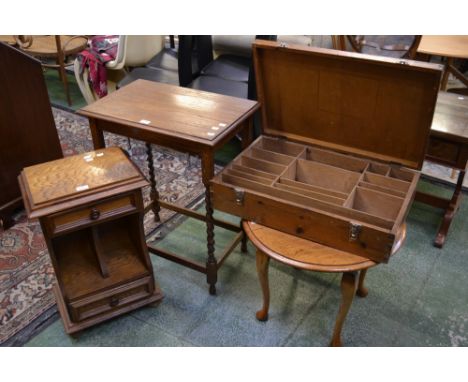 An oak occasional table with barley twist support; oak bedside table; an oak occasional table; a pine toolbox 