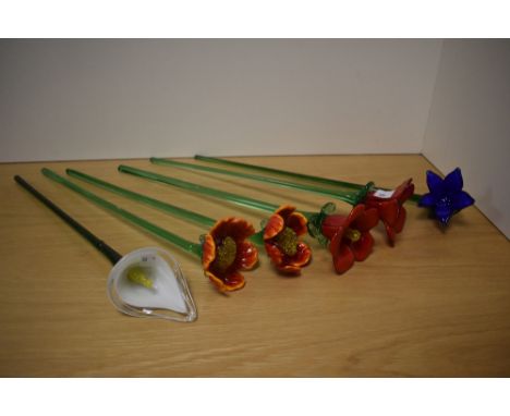 A group of six attractive Maltese art glass long stemmed flowers, each with variations 48cm approximately