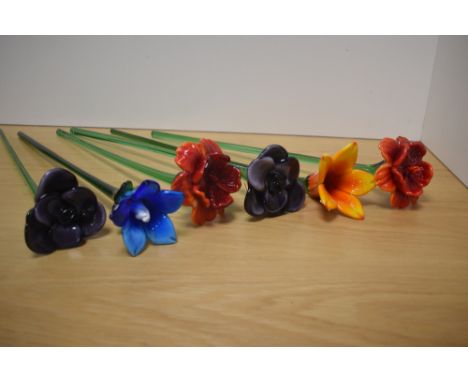 A group of six attractive Maltese art glass long stemmed flowers, each with variations 48cm approximately