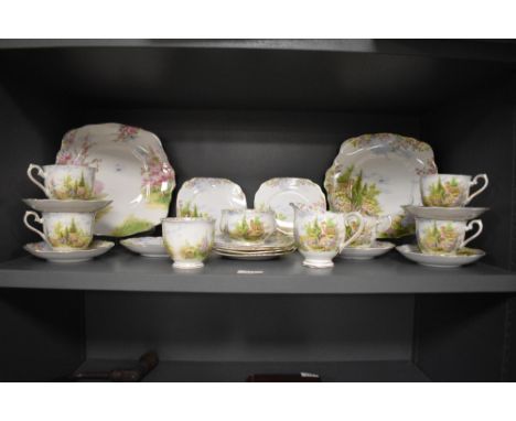A 1930s Royal Albert Kentish Rockery patterned tea set, comprising teacups, saucers, sucrier, cream jug, and sandwich plates