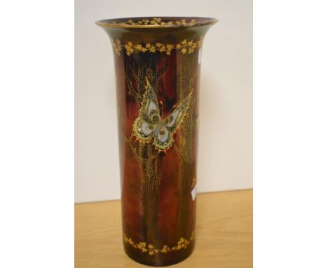A Fielding's Crown Devon 'Sylvan Lustrine' butterfly lustre vase, of flared cylindrical form, decorated with gilt enriched bu