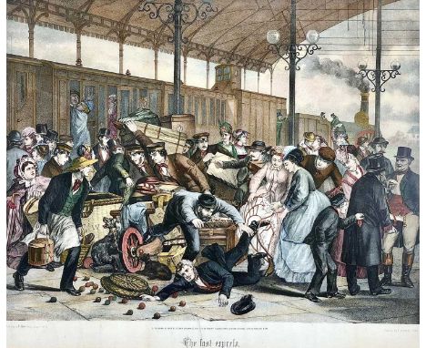 The Fast Express - G.W.R. Station Coloured Engraving. A coloured lithograph depicting a GWR Station - possibly Bristol or Pad