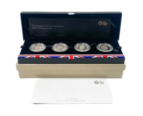 UK 2013 Silver Proof "The Queens Portrait Collection" of 4 different Queen's Portraits. A cased set of 4 proof coins with dif