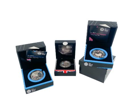 UK Silver Proof 2012 Olympics £5 Royal Mint cased coins (x3). Comprising:2010 Countdown to 2012 Olympics with blue colouring.