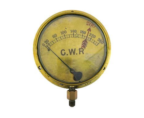 Great Western Steam Locomotive Pressure Gauge. A brass and glass steam pressure gauge with GWR in block capital letters. Incl