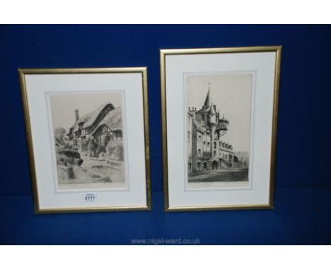 Two Peter Graham pencil signed Etchings, Ann Hathaway's cottage and the Old toll booth, Edinburgh.