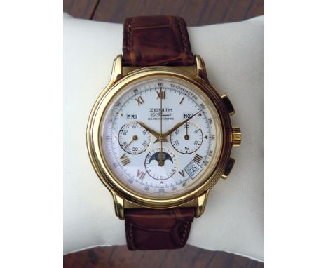 A boxed and cased Zenith E1 Primero Chronometre 18K cased Gentleman's Wristwatch, the white face with gold Roman numerals, Ta