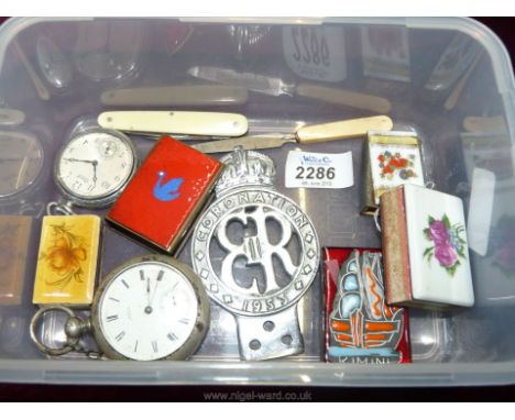 Two pocket Watches including Waltham and Ingersoll, both a/f., 1953 coronation car badge, penknife, nail file and small quant