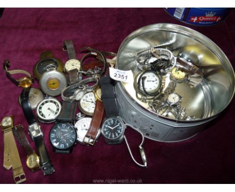 A quantity of vintage pocket watches, wristwatches, miner's brass watchcase, etc.