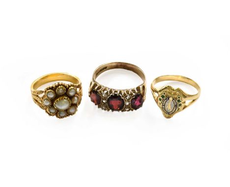 An enamel signet ring, stamped '18K', finger size M1/2; a split pearl cluster ring, finger size K; and a silver gilt garnet r