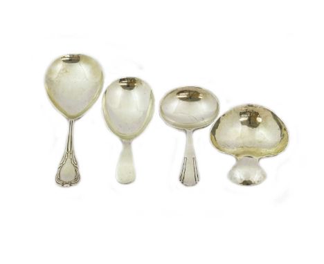 Three Various Edward VII and Later Silver Caddy-Spoons, Two Birmingham, one 1907, the other 1923, the third by Keith Hamilton