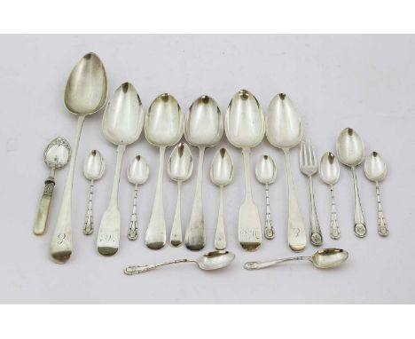 A Collection of Assorted Silver George III and Later Flatware, including: an Old English pattern basting-spoon; an Irish Fidd