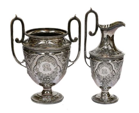 An Edwardian silver three-piece morning tea service, a silver-plated salver, sugar basin and milk jug