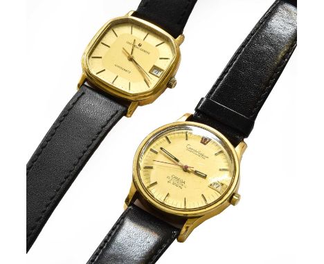 A gents gold plated electronic wristwatch, signed Omega, f300HZ, Constellation, Chronometer, 35mm wide, together with a gents