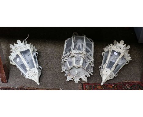 A modern painted metal lantern form ceiling light together with a pair of matching smaller lights (3)