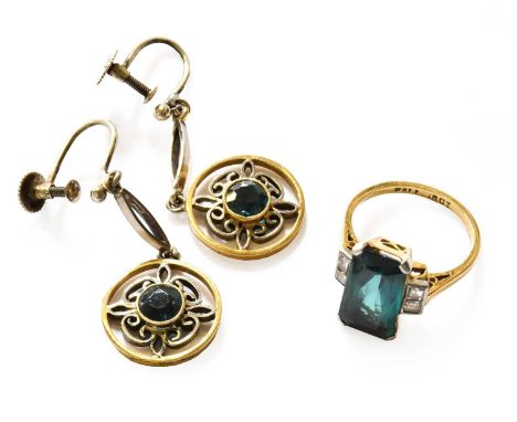 A tourmaline and diamond ring, stamped '18CT' and 'PLAT', finger size J; and a pair of tourmaline drop earrings, length 3.5cm