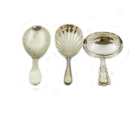 Three George III or George IV Silver Caddy-Spoons, One by Elizabeth Morley, London, 1800, Fiddle pattern, with oval bowl; One