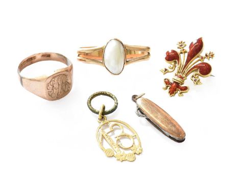 An enamel brooch, stamped '18K'; a 9 carat gold signet ring, finger size S1/2; a split pearl scarf clip, stamped '15C'; and t
