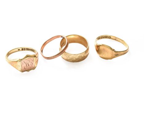 A 9 carat gold textured band ring, finger size O1/2; a 9 carat gold masonic signet ring, finger size R; and two further 9 car