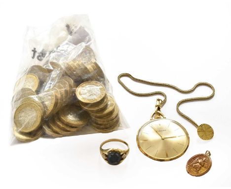 A gold Habmeran pocket watch, stamped '585'; together with a gold St. Christopher stamped '375' (a.f.), an intaglio ring, and