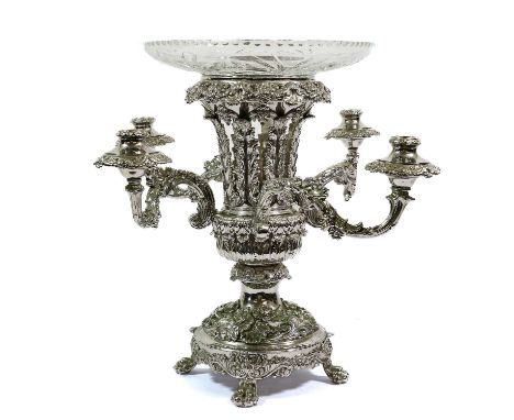 An Old Sheffield Plate Four-Light Candelabrum-Centrepiece, Apparently Unmarked, circa 1830, the circular base on four paw fee