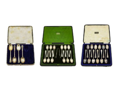 A Collection of Assorted Silver Flatware, including: two cased sets of twelve teaspoons, one set with a pair of sugar-tongs; 