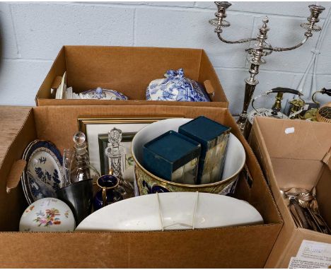 A quantity of metalware including brass oil lamp (converted) brass candlesticks, silver plated candelabra, sprirt kettle on s