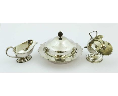 A Collection of Assorted Silver and Silver Plate, the silver including: a mustard-pot in the form of a George II silver tanka