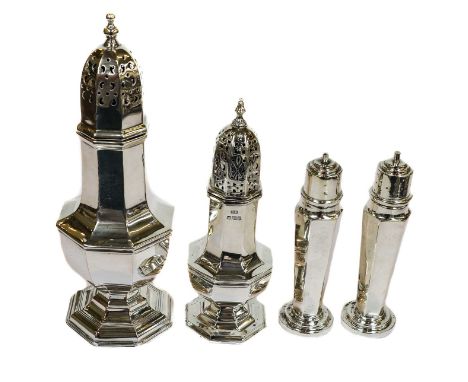 A Collection of Assorted Silver and Silver Plate, including: a pair of Edward VII faceted tapering silver pepperettes, by Den