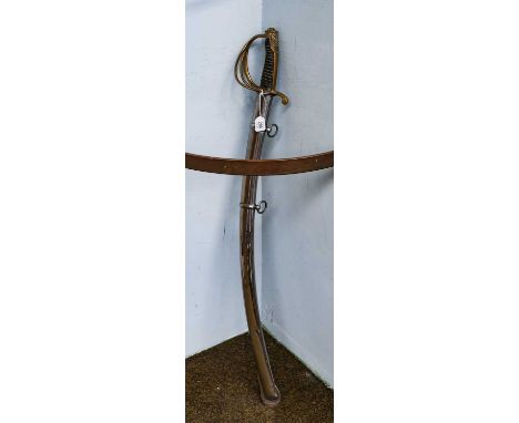 A Copy of a Continental Cavalry Sword, with brass three bar hilt, wire bound leather grip and steel two ring scabbardScabbard
