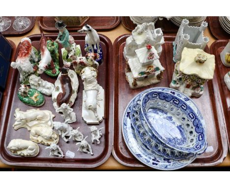 A group of 19th century English ceramics including four pastille burners, a blue and white pearlware pierced dish and stand, 