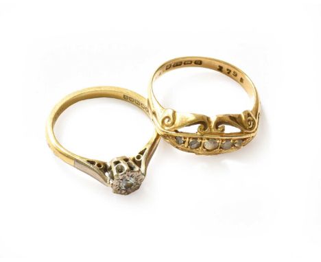 An 18 carat gold diamond five stone ring, finger size M; and an 18 carat gold diamond solitaire ring, finger size LGross weig