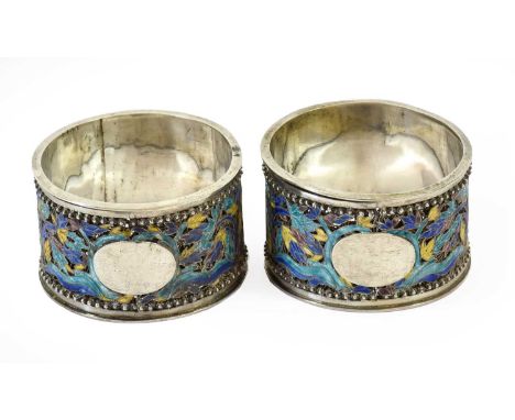 A Pair of Chinese Export Silver and Enamel Napkin-Rings, Maker's Mark Indistinct, Further Stamped '90' and with Chinese Chara
