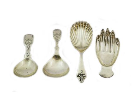 Four Victorian and Later Caddy-Spoons, including: one in the form of a hand, by Francis Howard Ltd., Sheffield, 1985, two wit