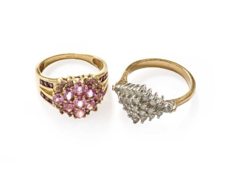 A 9 carat gold diamond cluster ring, finger size P; and a 9 carat gold gem set ring, finger size PGross weight 9.6 grams.