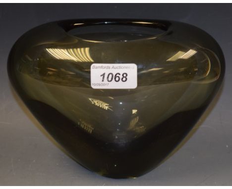 A Holmegaard smoked grey glass flattened ovoid vase, designed by Per Lutken, 20cm wide, engraved marks