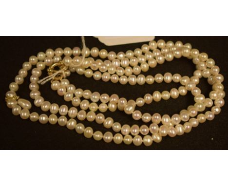 A cultured pearl two strand necklace, 9ct gold ring clasp