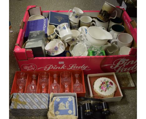 A set of eight Paragon Cherwell cups and saucers; Denby, including cups and saucers; Greenwheat mugs; drinking glasses, vario