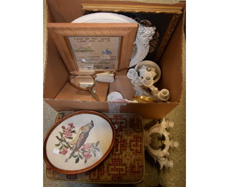 Boxes and Objects - a rectangular tapestry topped foot stool; an embroidered sampler, 1930, framed; a bevelled circular wall 