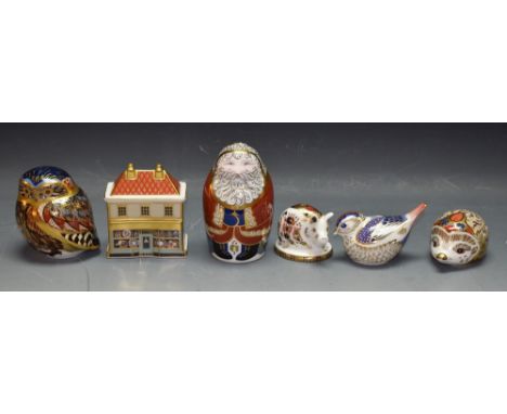 Royal Crown Derby paperweights - Bramble hedgehog; Imari piglet, first quality; Santa Claus; Little Owl; Goldcrest; Royal Cro