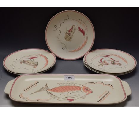 A Poole service, comprising rounded rectangular serving dish and six circular plates, each decorated in tones of pink and bla