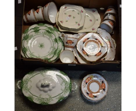 An Alfred Meakin lidded tureen, five assorted plates, green printed floral pattern; Johnson Brothers six side plates, a recta